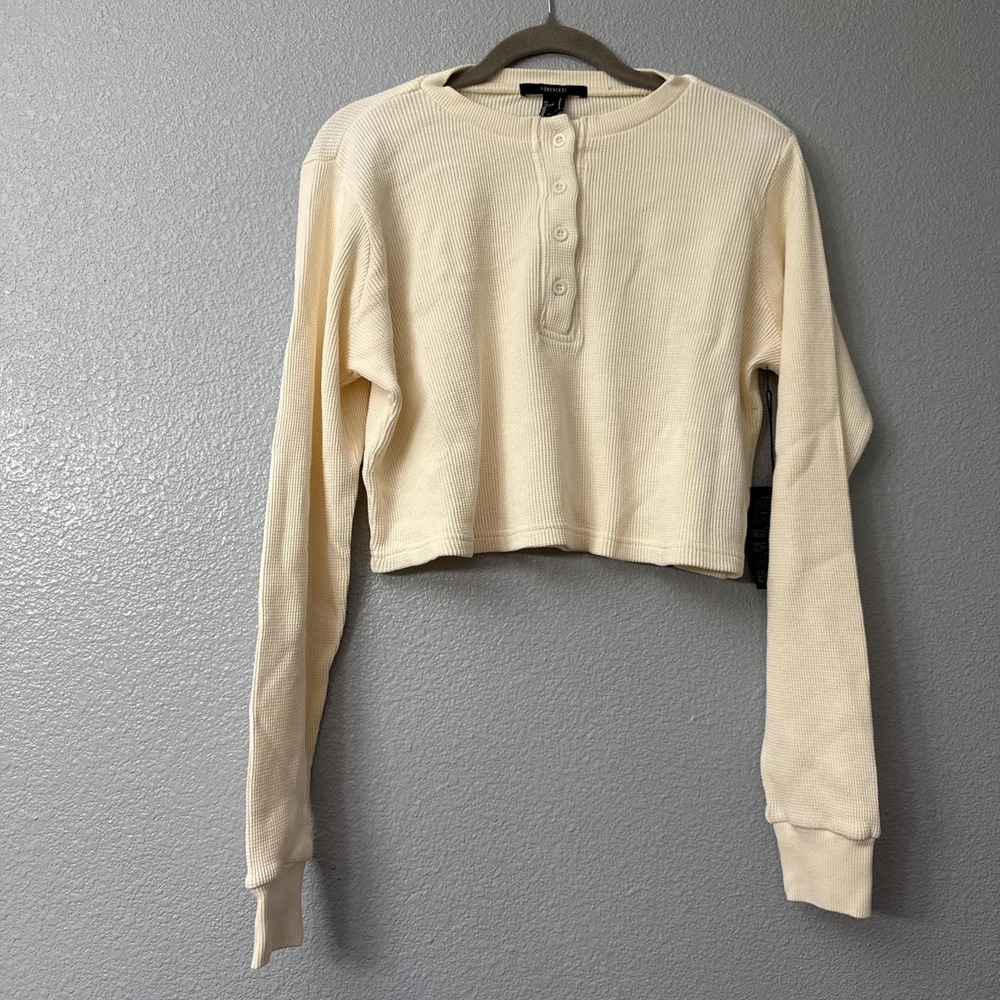 Forever 21 Cream Long Sleeve Crop Top with Button Detail